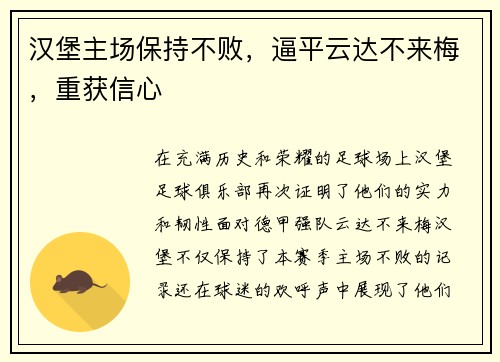 汉堡主场保持不败，逼平云达不来梅，重获信心